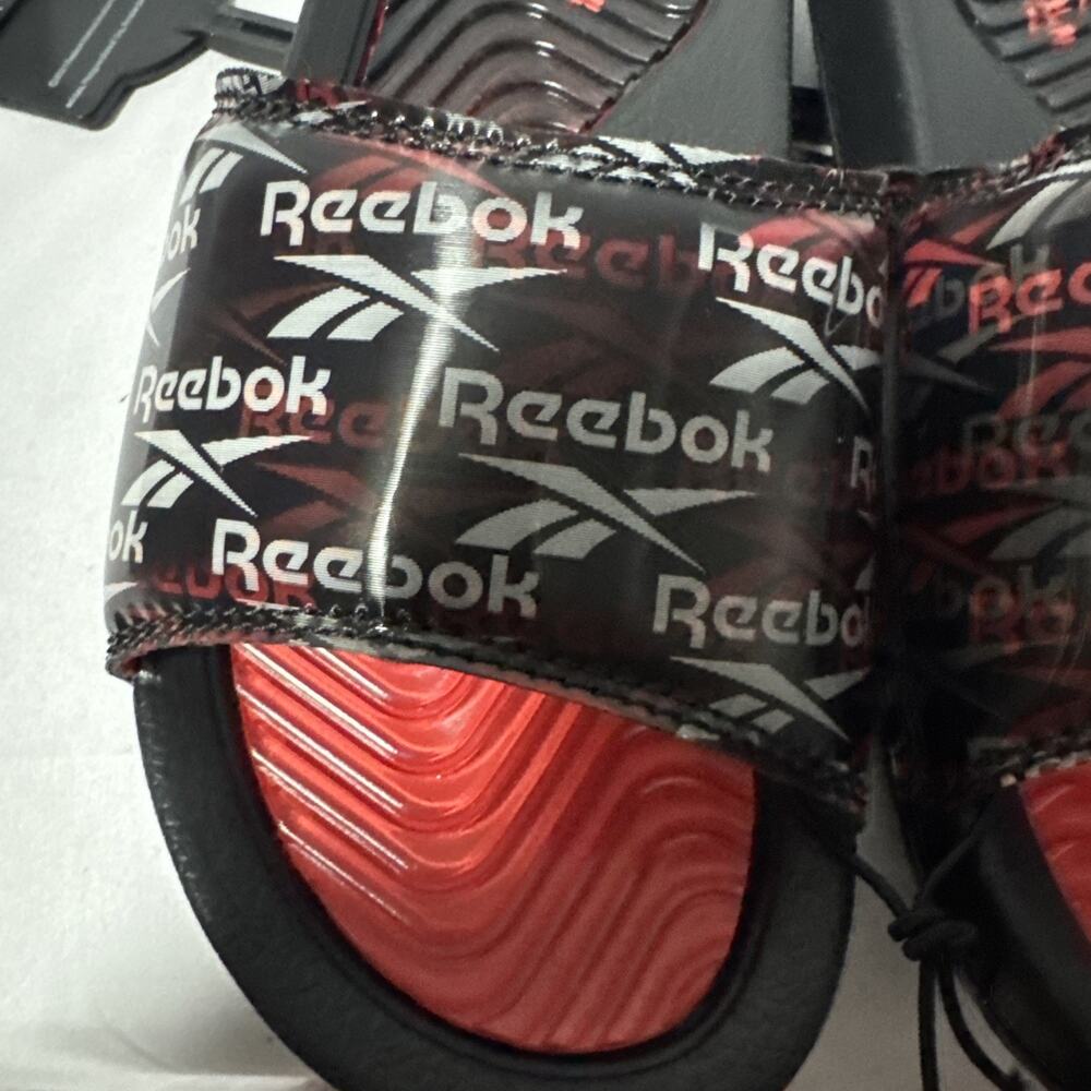 Reebok Comfort Slides – Black & Red Holographic Graphic Strap Sandals Y2